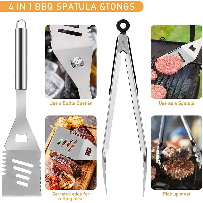 

BBQ Grill Tool Set with Storage Bag Extra Thick Stainless Steel Spatula Fork & Tongs