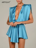 articat deep v neck satin dresses women 2022 spring sexy sleeveless elegant blue robe solid backless bodycon mini dress female