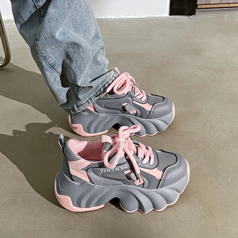 

Women Leather Chunky Sneakers 8CM Platform Breathable Casual Walking Shoes New Autumn Winter Wedge Heels Sports Dad Shoes Woman