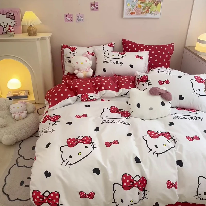 Kawaii Sanrio Hello Kitty Cartoon The Bed Supplies 3Piece Set Bedroom Dormitory Sheet Quilt Cover Soft Comfortable Life Supplies