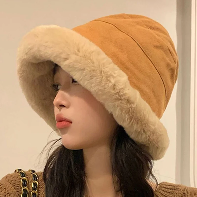

Autumn Winter Hats Thick Plush Warm Bucket Hat Outdoor Thicken Beanies Cap Women Fashion Lamb Fleece Fisherman Hat Panama Caps