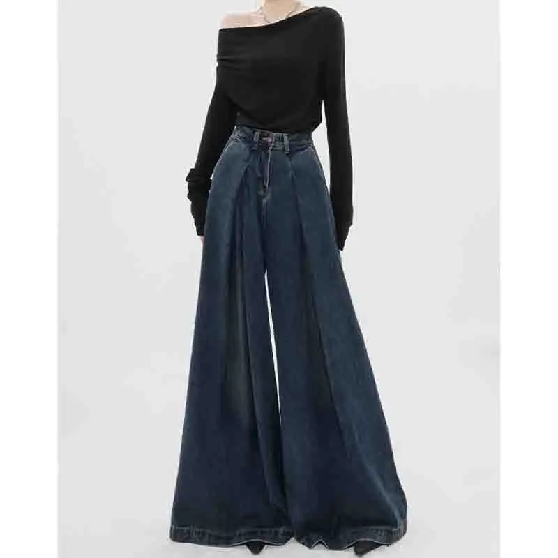 Kohuijoo Vintage Washed Wide Leg Jeans for Women 2023 Autumn Design High Waist Loose Pants Denim Mopping Trousers Streetwear