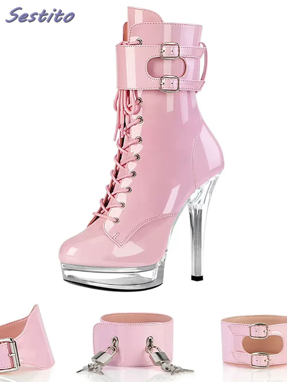 

Patent Leather Platform Ankle Boots Stiletto Clear High Heel Lace Up Ankle Buckle Strap Metal Decor Pink Solid Women Shoes Sexy