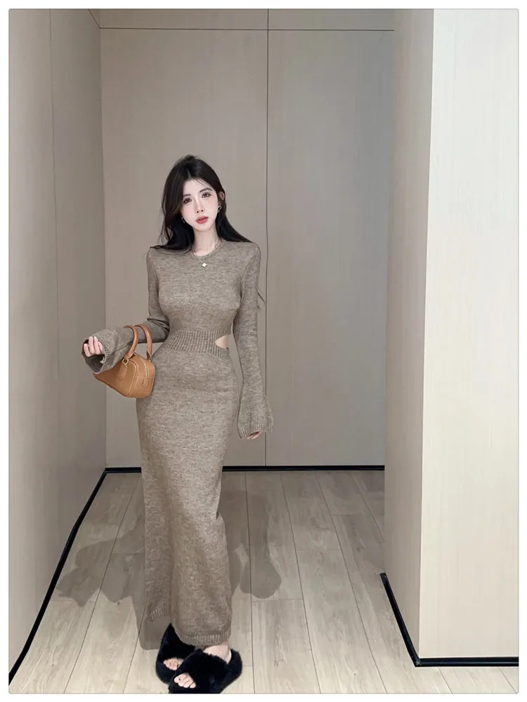 Новое осеннее модное сексуальное вязаное платье с открытой талией женское цвета