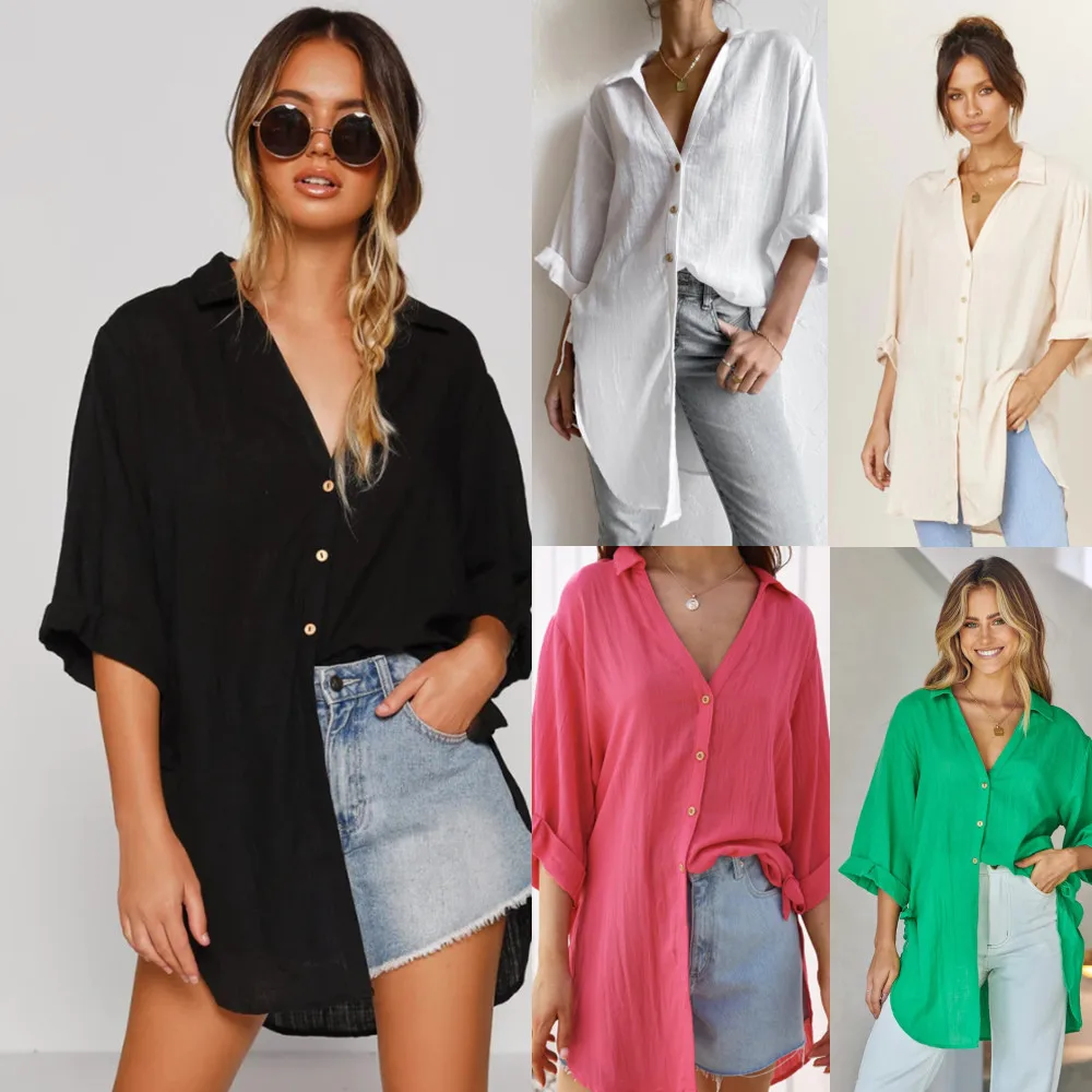 

New Women Blouse Spring Solid V Neck Blouses Loose Baggy Tops Tunic Shirts Womens Button Three Quarter Sleeves Tops Blusas Mujer