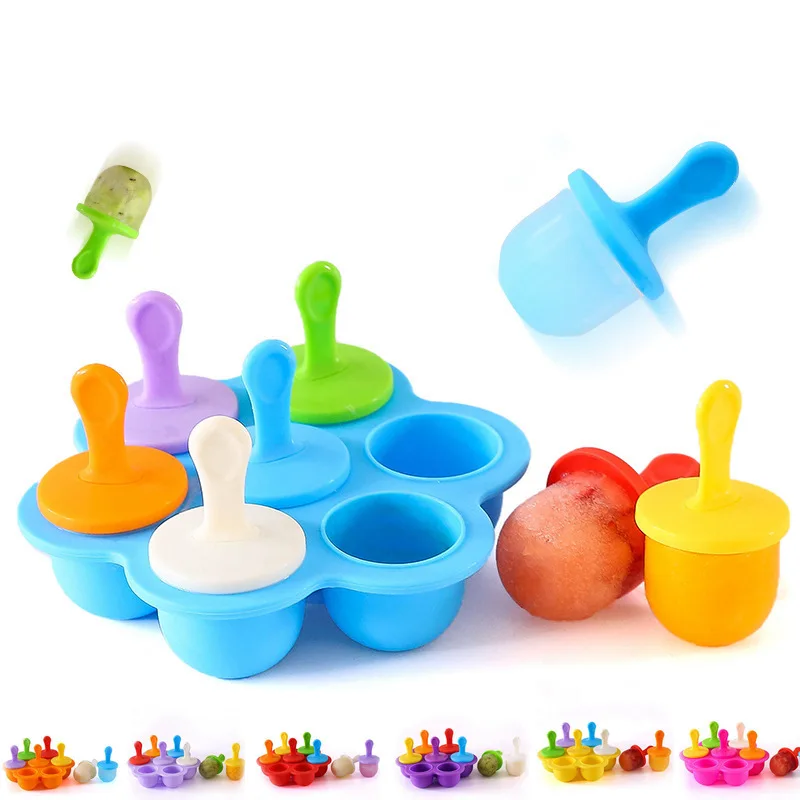 

7 Holes Food Grade Silicone Ice Cream Ice Pops Mold Baby Ice Tray Ice Lolly Maker Reusable Popsicle Mold Fruit Shake Accessories