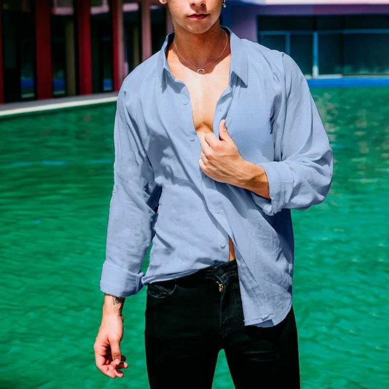 

Spring Summer Shirt Men Casual Solid Color Loose Shirt Top Men Long Sleeve Single-Breasted Turn-down Collar Cardigan Shirt