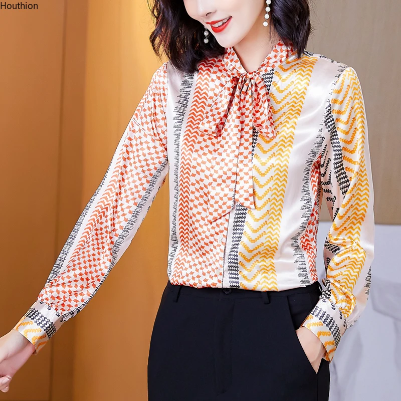 

New Women's Blouse V-neck Bow Casual Summer Shirt Long Sleeved Top Printing Fashion Elegant Female Clothing