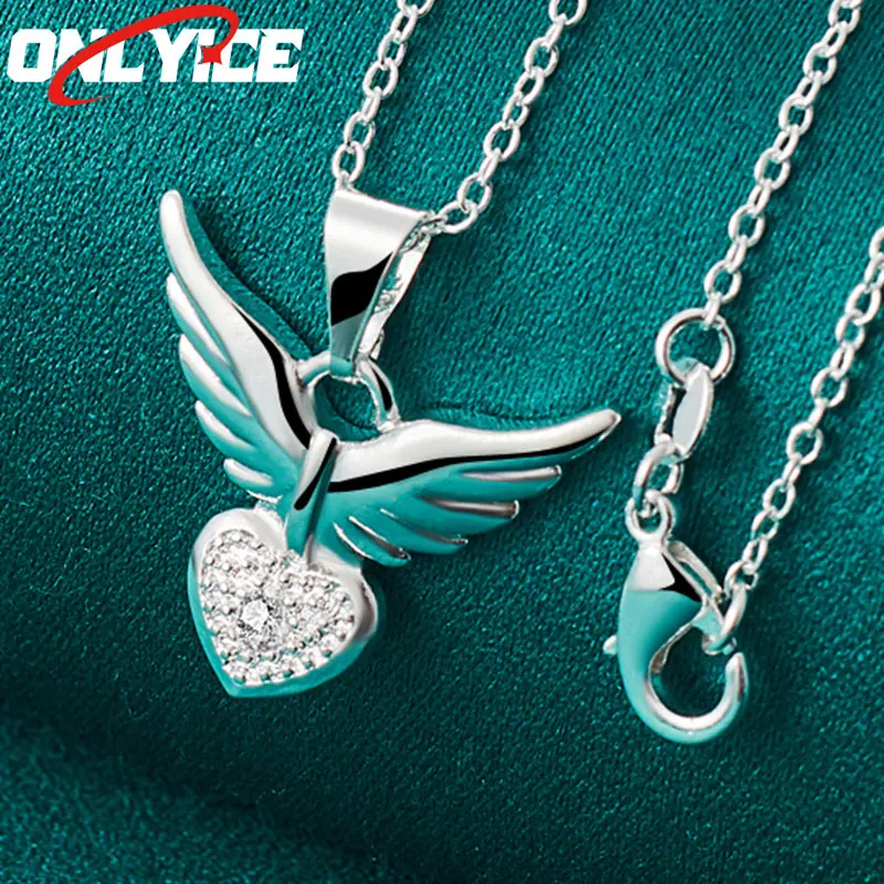 

925 Sterling Silver Angel Wings Heart Zircon Pendant Necklace 16-30 Inch Serpent Chain Ladies Party Engagement Wedding Jewelry
