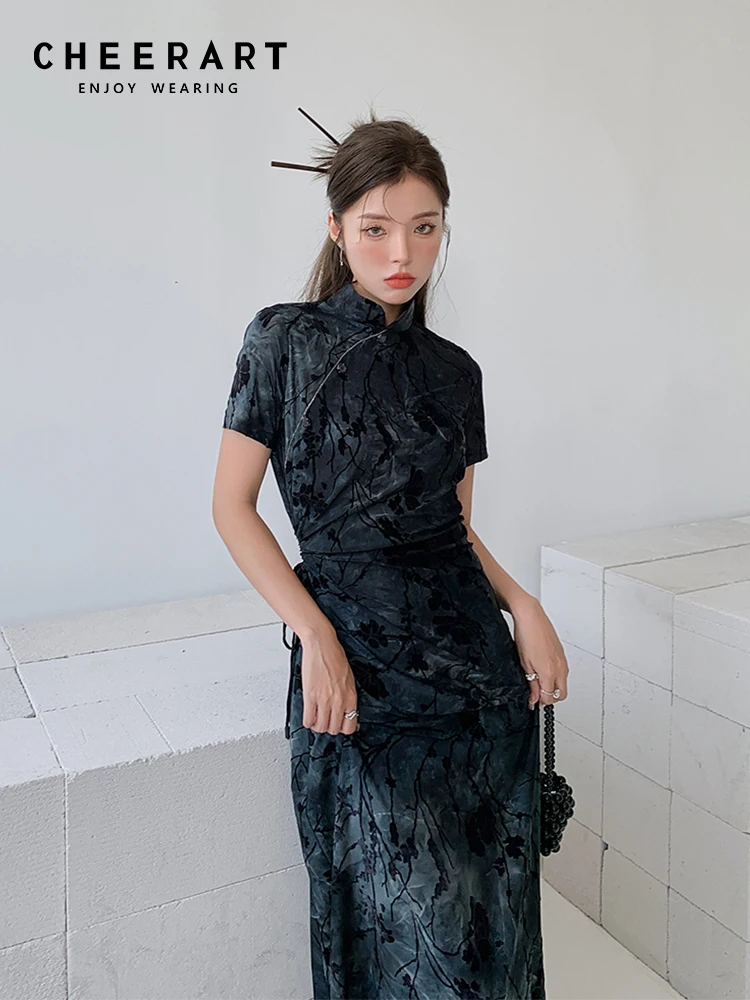 

Винтажное длинное платье-Ципао CHEERART, летнее женское платье 2023, облегающее ТРАПЕЦИЕВИДНОЕ платье миди с коротким рукавом и флокированием для торжественных случаев