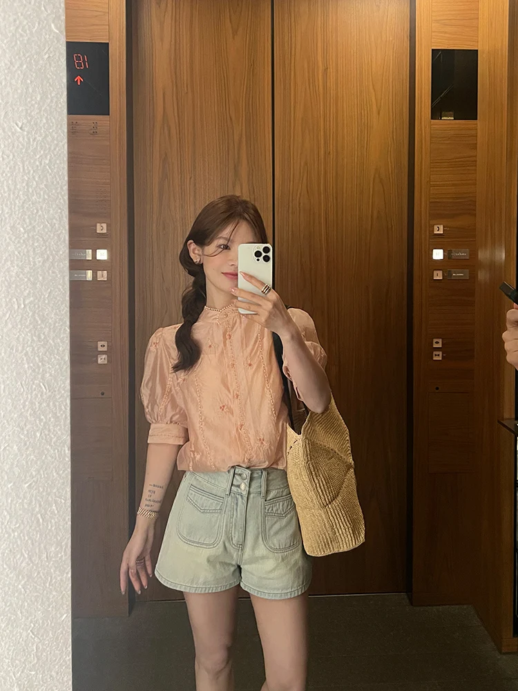 Wxlstudio рубашки с короткими рукавами и вышивкой женские летние 2024 новый дворец