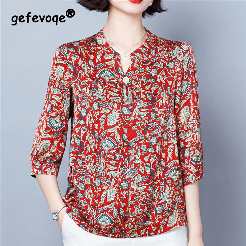 

2023 Summer New Floral Printing Fashion Female Clothing V-neck Embroidered Flares Half Sleeve Tops Women Casual Chiffon T-shirt