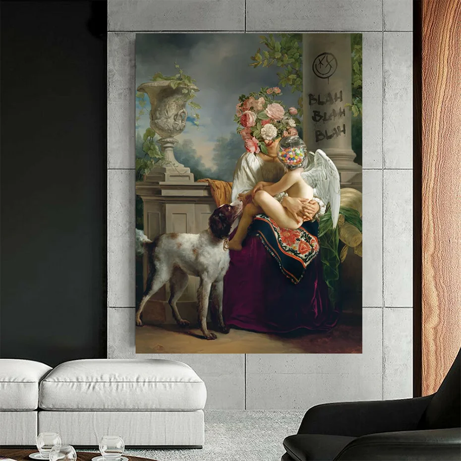 

Classic Angel Wings Canvas Painting Abstract Women Flowers Wall Art Posters Lovely Child Pet Dog for Living Room Decor Prints