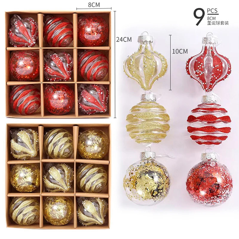 Christmas Ball Ornaments Set 9Pcs Clear Glitter Hanging Decorations Shatterproof Baubles for Home