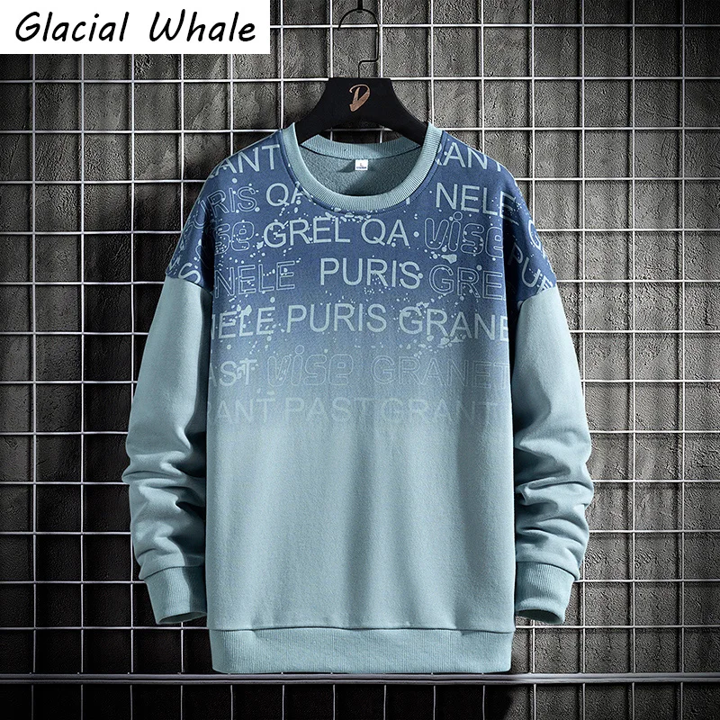 

GlacialWhale Crewneck Sweatshirts Men 2022 Graphic Oversized Harajuku Japanese Streetwear Blue Hoodie Men Sweatshirts Hoodies