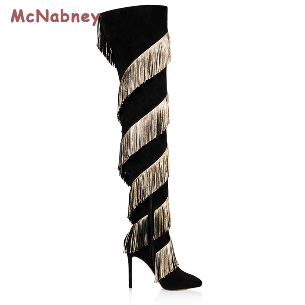 Fashion Women Over The Knee Boots Fashion Sexy Pointed Toe Stilettos Heels Golden Tassel Knee High Boots Slim Tassel Shoes