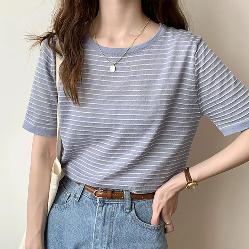 

T Shirts Women Cotton Summer New Short Sleeve Loose Thin Casual Tops Female O Neck Striped All-match Basic Tees T-Shirt Femme