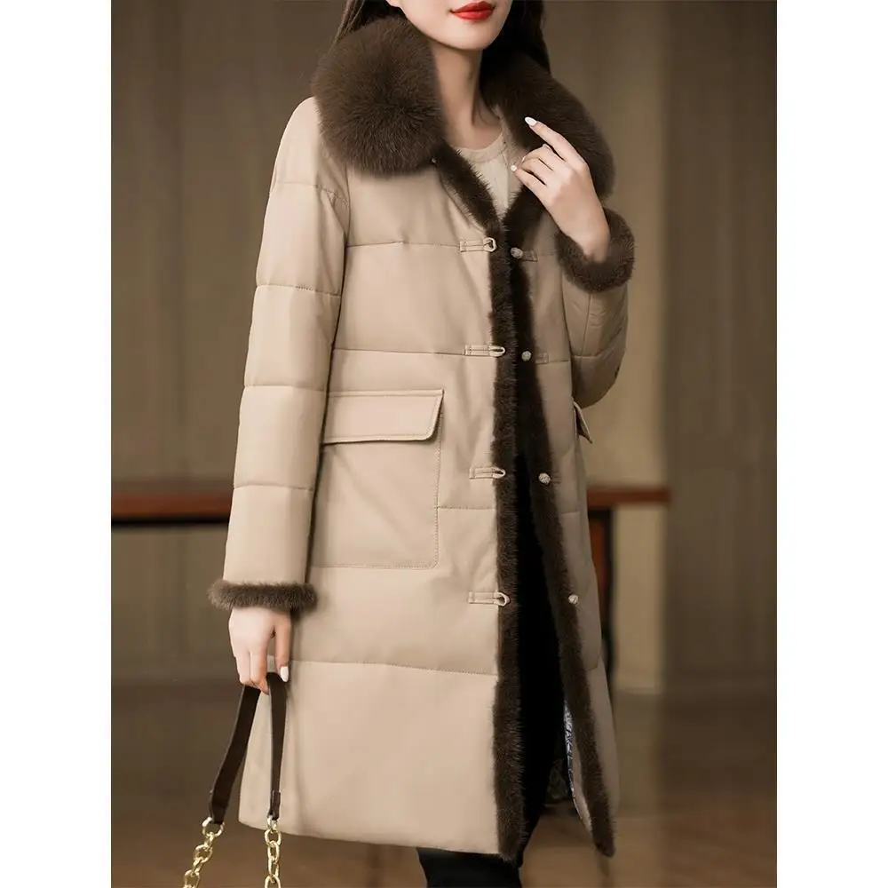 

2021 new leather down jacket women's sheep skin medium and long leather jacket plush thickened fur jacket