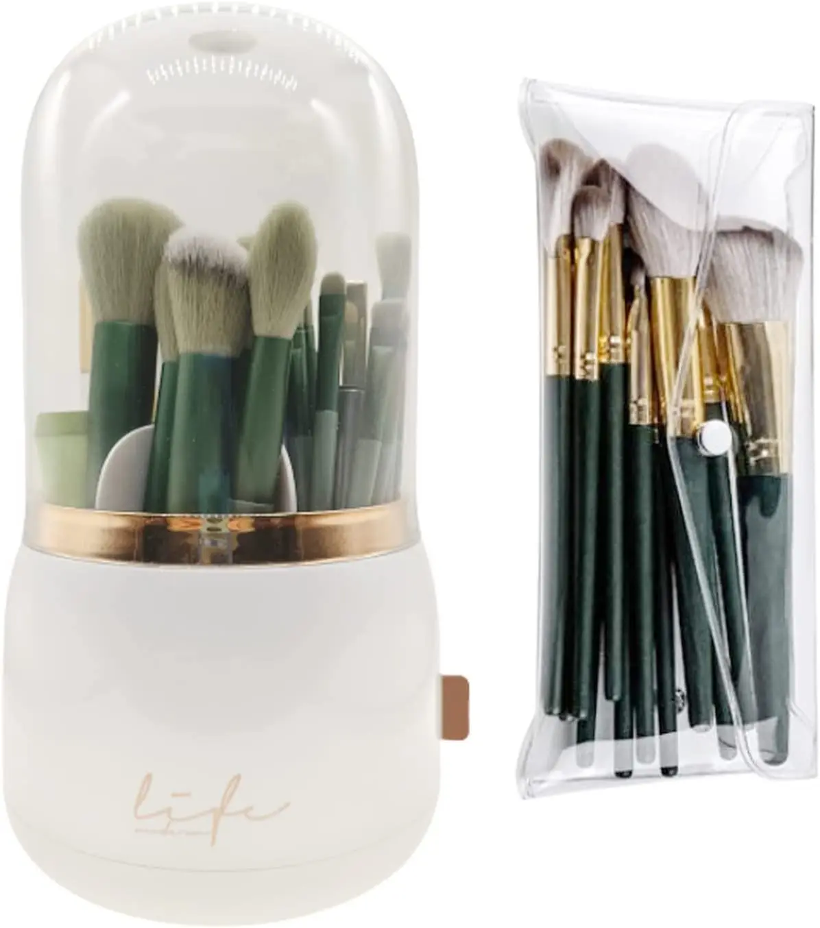 

Держатель для кистей для макияжа с крышкой вращающийся на 360 ° органайзер для кистей для макияжа с прозрачной сумкой для макияжа из ПВХ для умывальника, стола для ванной комнаты