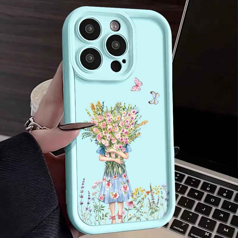 Противоударный чехол с изображением девушки цветов для iPhone 15 Pro Max 11 12 13 14 Мягкая