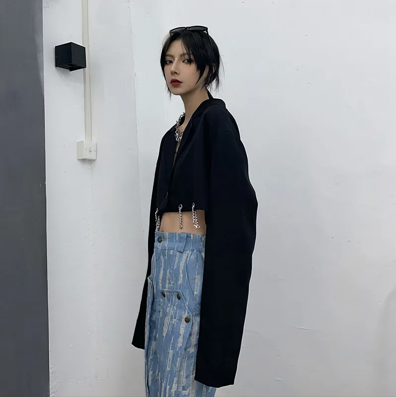 Women Turn-down Collar Long-sleeve Blazer Coats 2023 Spring Female Iron Chain Black Button Single Breasted Loose Blazer Tops New
