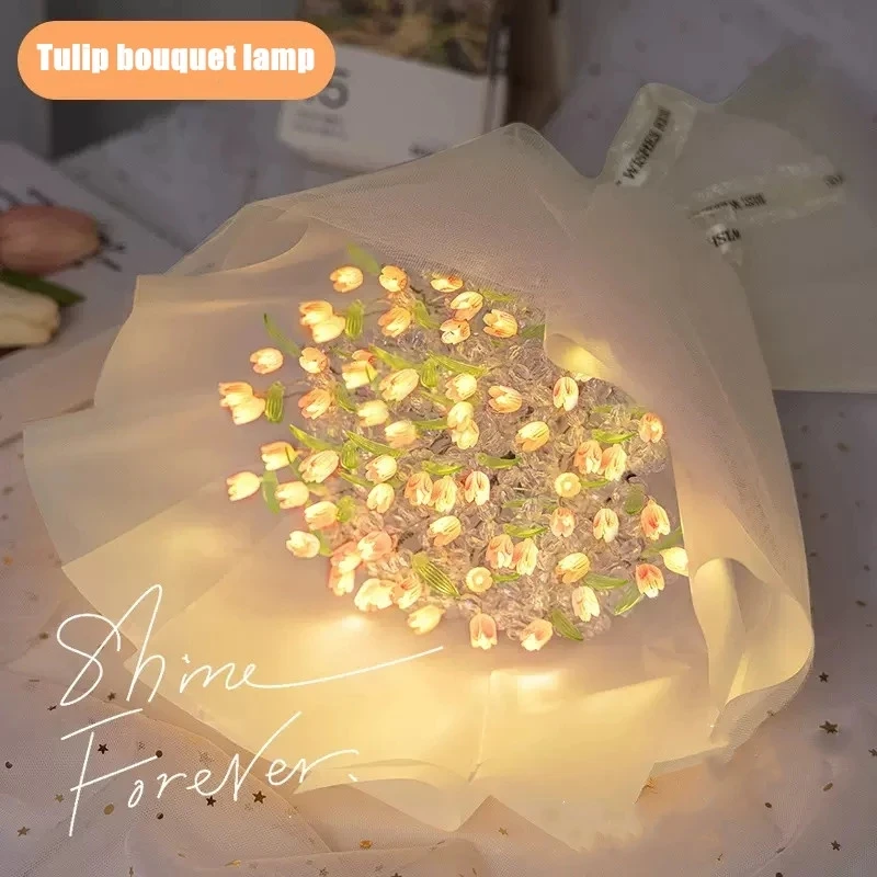 

LED Tulip Bouquet Night Light DIY Artificial Flower Simulation Atmosphere Desktop Night Lamp Romantic Bedside Room Decor Gift
