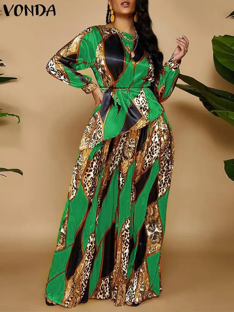 

VONDA 2022 Office Lady Suits Women Long Sleeve Chemise O Neck Blouse Shirts Floral Printed Wide Leg Pant Sets Oversize Femininas