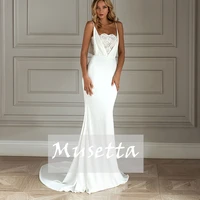 classic lace applique mermaid wedding dress spaghetti strap sleeveless bridal gowns backless satin court train vestidos de novia
