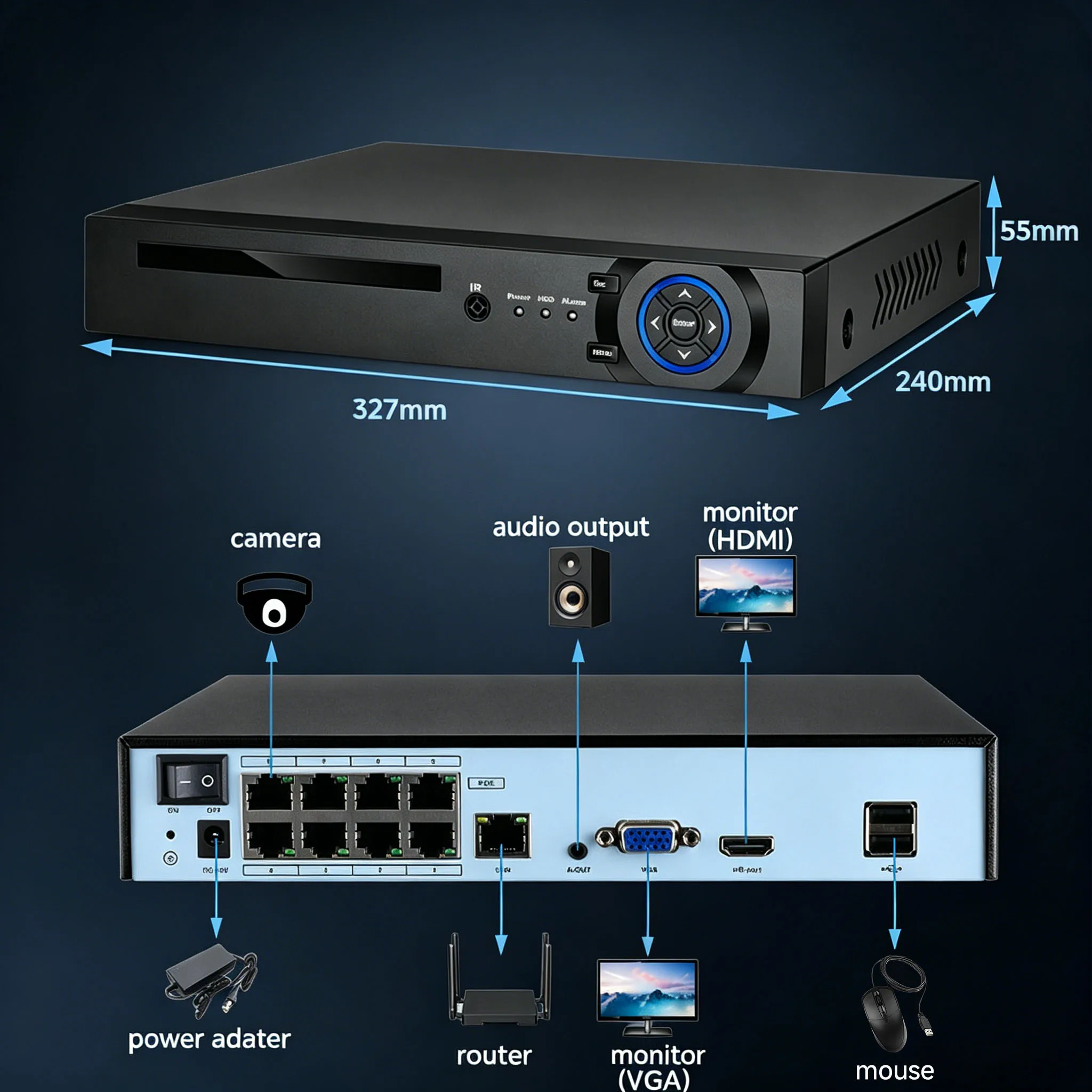 BFMore POE 8-канальный NVR с ИИ, интеллектуальная запись, 4K 8MP, сетевой видеорегистратор для систем безопасности, до 8 ТБ HDD, для POE-камер (art.: 3920db3276f59) - 3920db3276f59