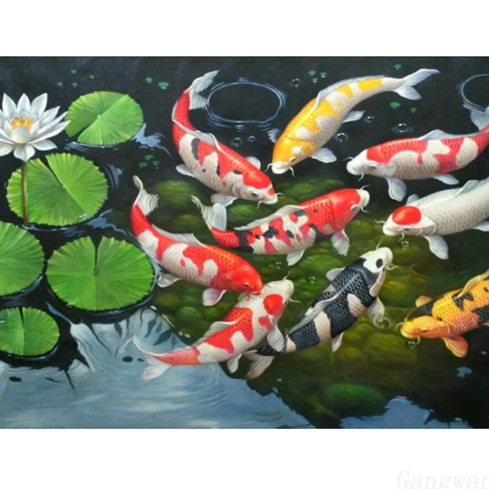 5D DIY Art Алмазная живопись Круглый полный алмаз Koi Наборы для вышивания крестиком Вышивка домашними декорами