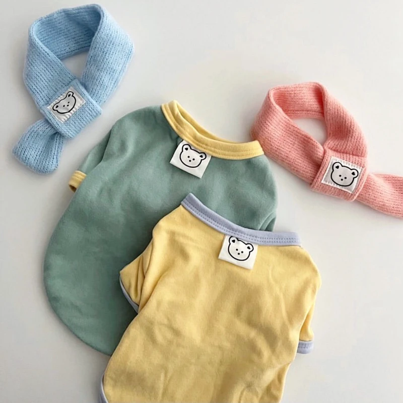 

Dog bottoming Shitrt Teddy Warm Clothes Solid Color Two-piece Pet Autumn and winter Clothes Fashion Dog Clothes Send Scarves