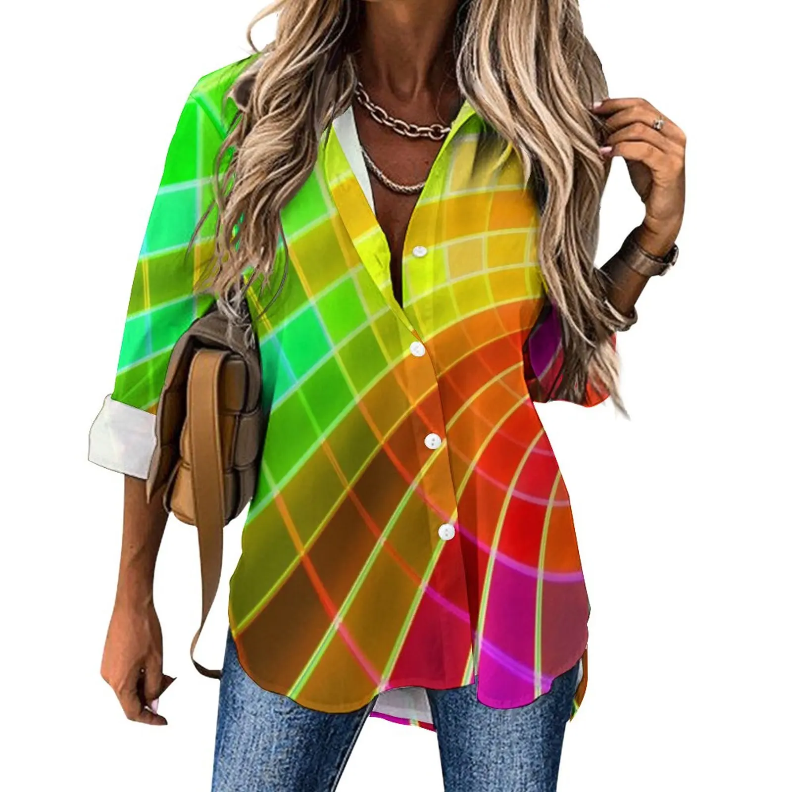 

Bright Rainbow Blouse Unique Colorful Swirl Office Work Custom Casual Blouses Women Loose Shirt Autumn Long-Sleeve Oversized Top