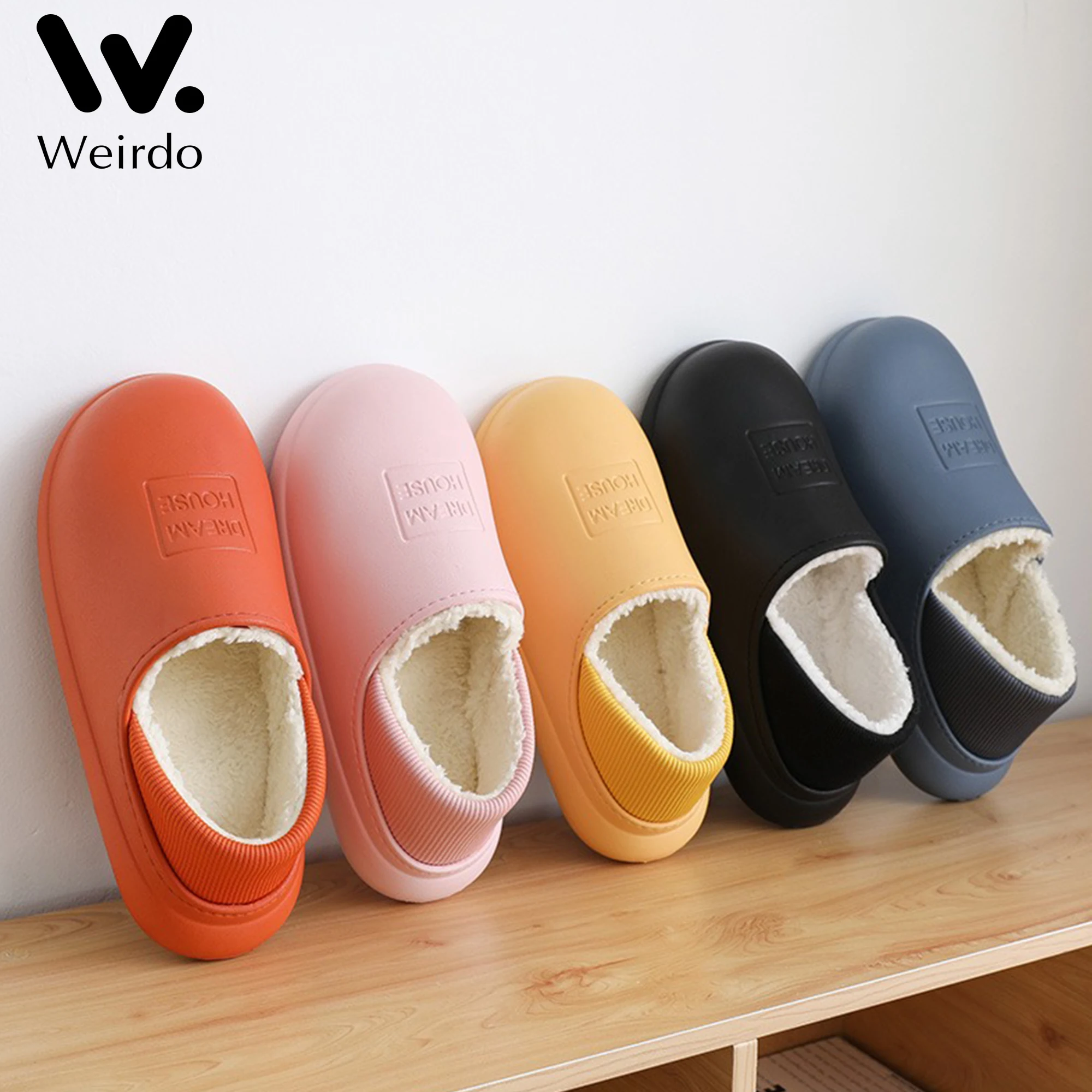 

Women Men PU Waterproof Slippers Women Comfy Warm Slippers Candy Clolor Non Slip Fluffy Slippers Men Home Footwear Female Slides