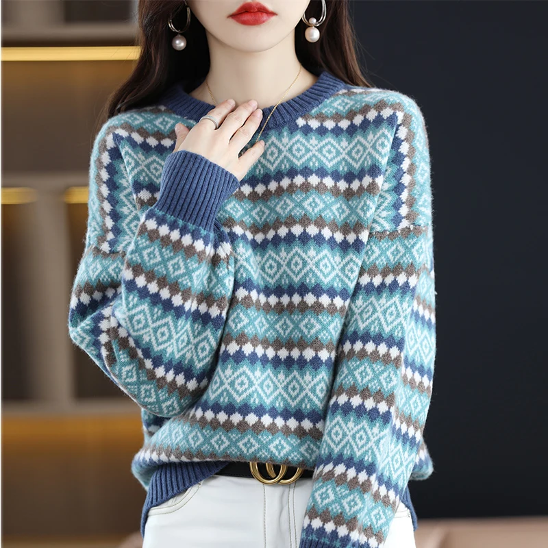 New Autumn And Winter Wool Sweater Women's Round Neck Jacquard Sweater Pullover Loose National Wind Bottoming Shirt