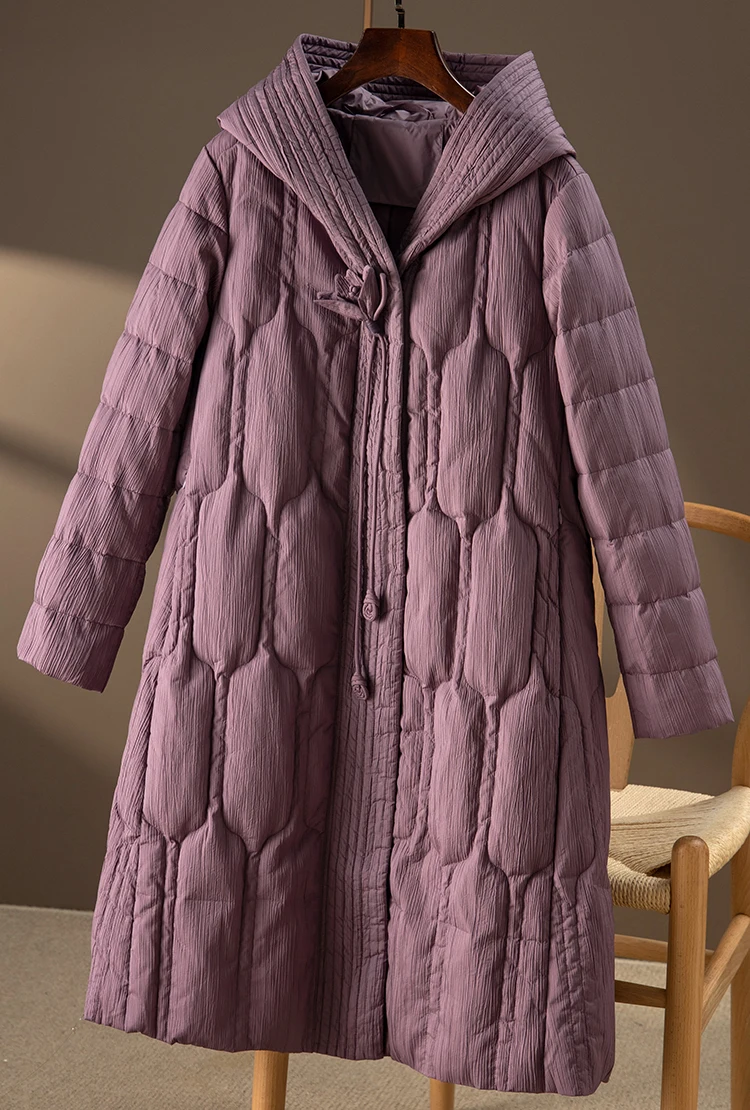 2023 Spring Thin Long Coat Women Hooded 85%  White Goose Down  Chinese Style  Covered Button  Appliques Jackets