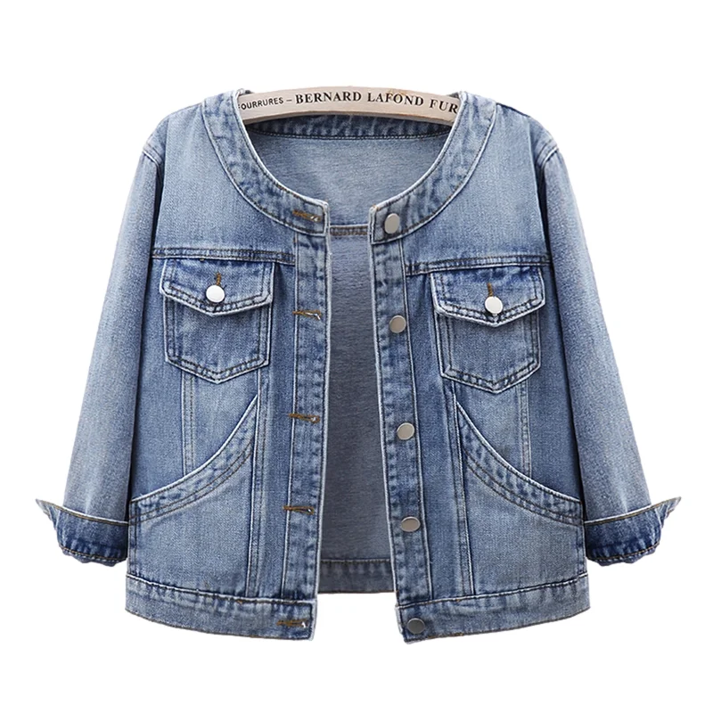 

Korean Vintage Blue Denim Jacket Women Big Pocket Slim Short Cowboy Outerwear O Neck Three Quarter Sleeve Jeans Jackets Female