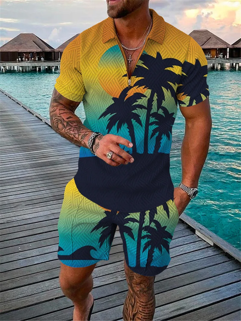 

Summer Fashion Sportswear, Geometric 3D Printing Street Short Sleeve Polo Shirt, Outdoor Casual Fashion Zipper 2-piece Suit，2023