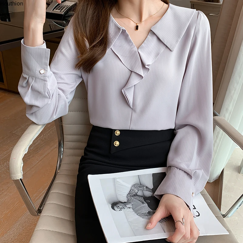 

Summer New Women's Blouses V-neck Long Sleeve Shirt Chiffon Stripe Top Casual Fashion Loose Female Clothes Houthion