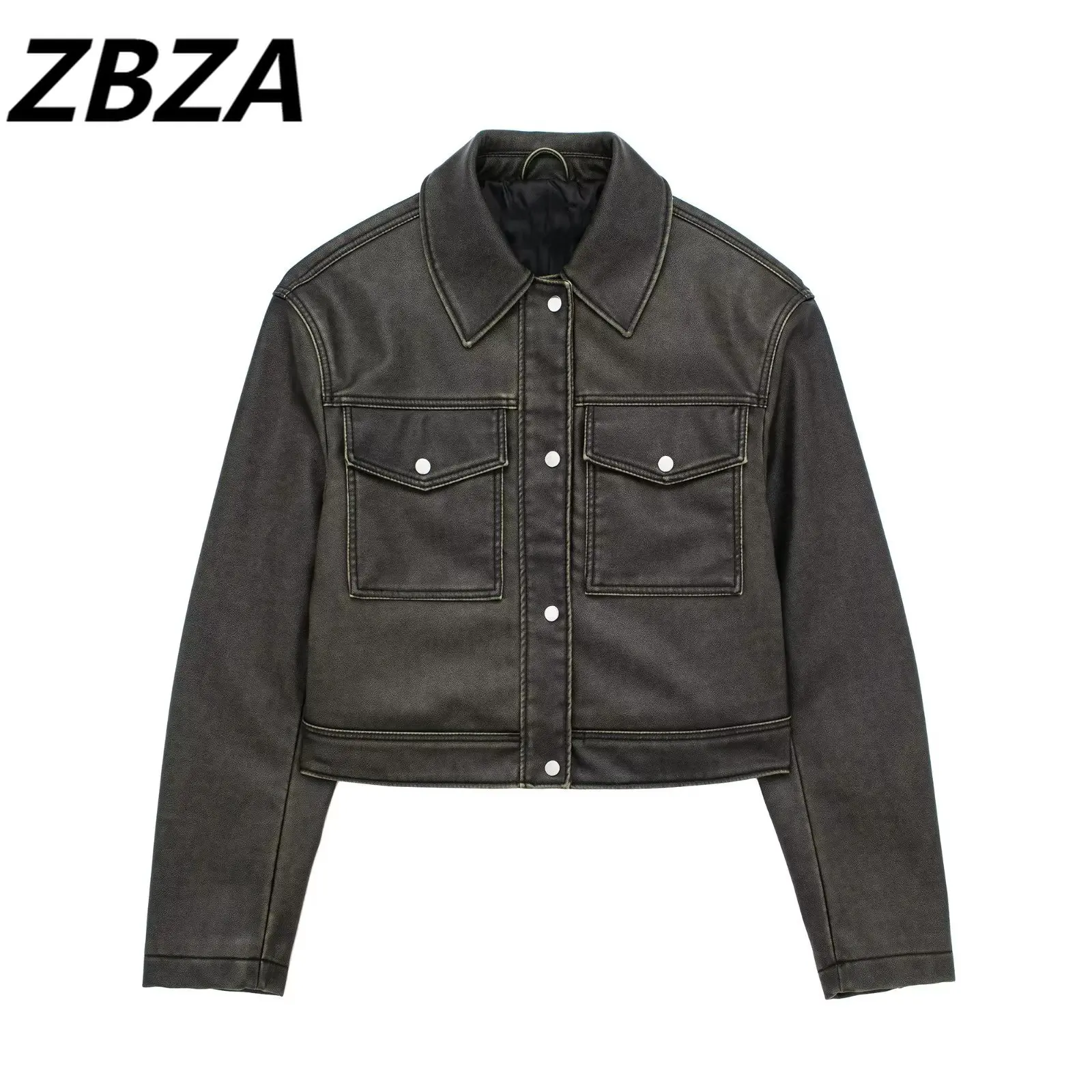 

Женская короткая куртка ZBZA, винтажная верхняя одежда из искусственной кожи с длинным рукавом, шикарная верхняя одежда, новинка 2023