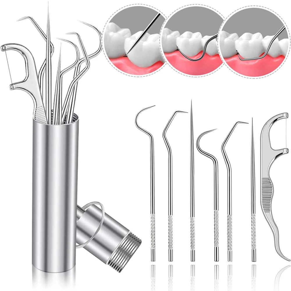 

3/4/6/7Pcs Stainless Steel Toothpick Set Tooth Flossing Reusable Toothpicks Portable Floss Dental Cleaning Teeth with Storage Tu
