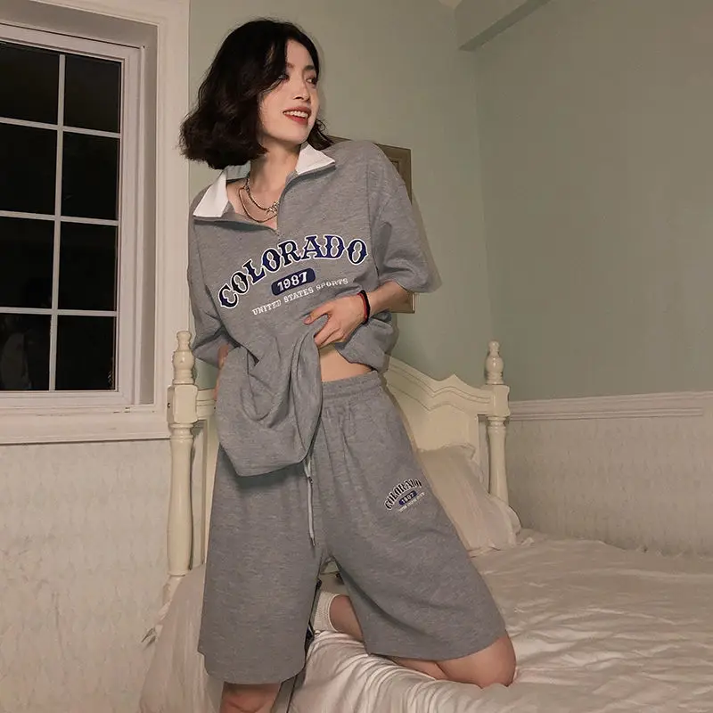 

Summer Shorts Matching Sets for Women Casual Sportswear Female Short Sleeve Tops Outfits Print T-Shirts Elastic Waist Pants Suit