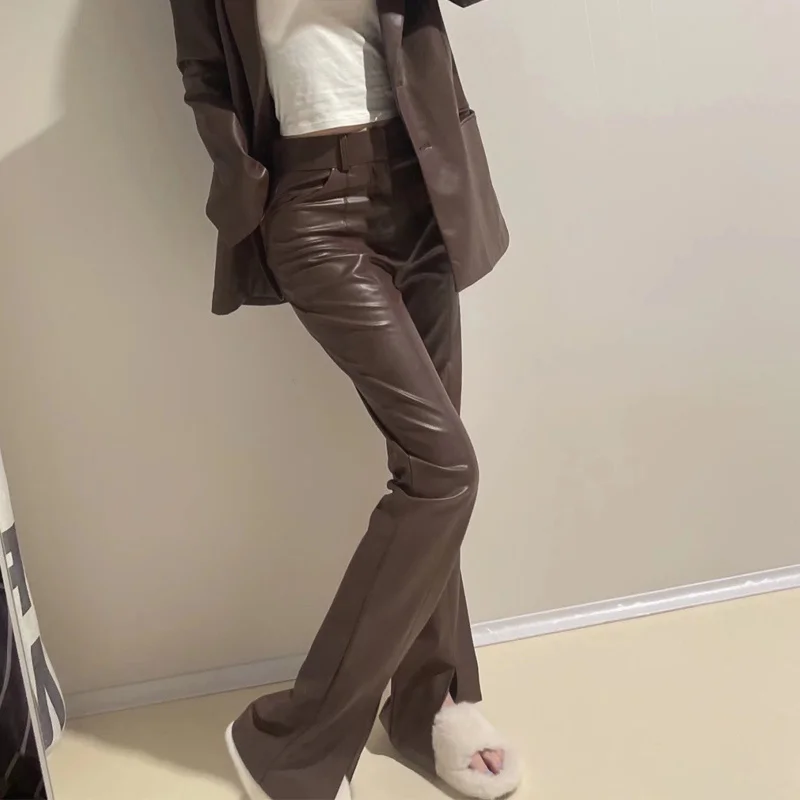 

Za Pant 2023 Faux Women's Leather Pants For Women Brown Fashion Hem Slit Trouser High Waist Straight Streetwear Vintage Y2K Pant