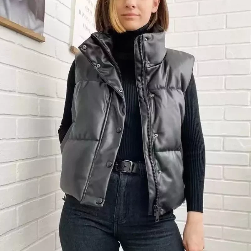 

Новинка, модные женские пальто из искусственной кожи с подставкой, на молнии, черные, Женские Элегантные Короткие жилеты на осень и зиму