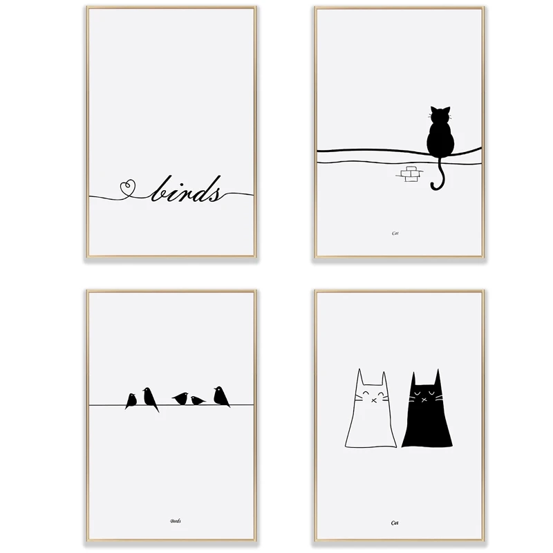 

Funny Black and White Line Cat Birds Canvas Painting Nordic Minimalism Wall Art Posters and Prints Wall Pictures for Living Room