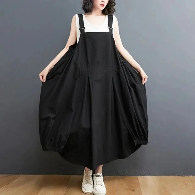 

Summer Black Sleeveless Long Dress Spaghetti Strap Sundress Oversize Clothing Women Vestidos Long Dress Casual Pleated Dress