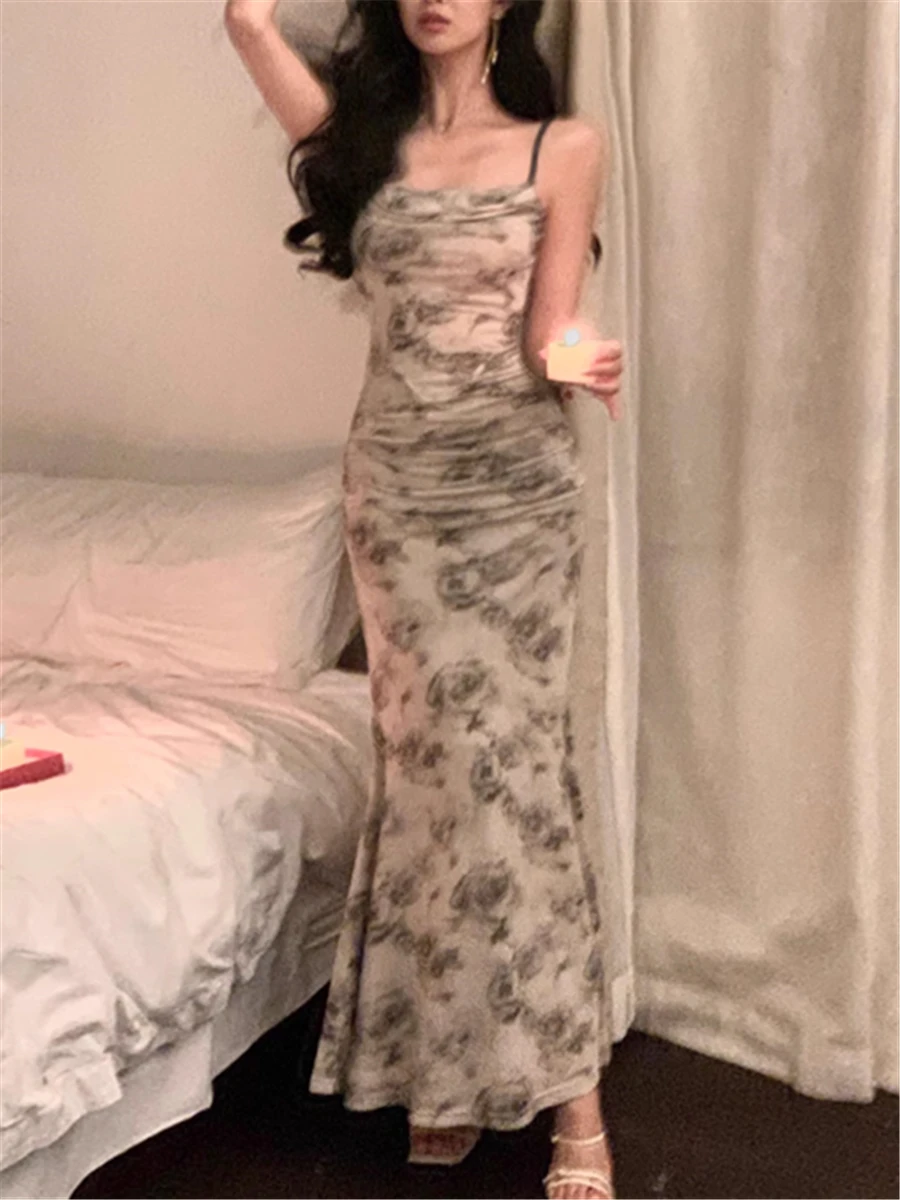 

Женское Элегантное летнее платье-миди, новая модель 2023 года, вечернее женское платье, женская одежда в Корейском стиле, облегающие платья с винтажным принтом