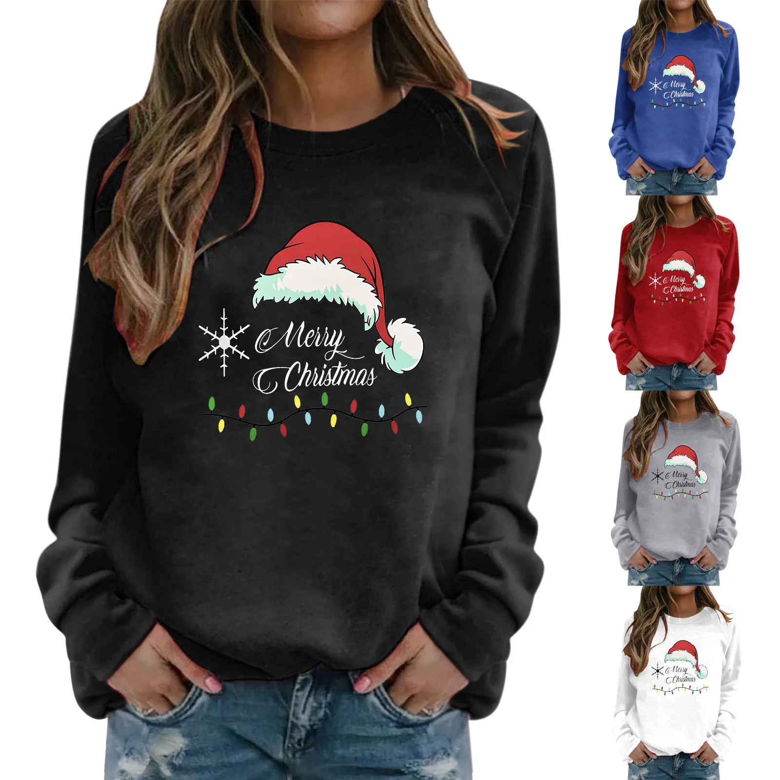 

Womens Fashion Christmas Print Round Neck Hoodless Sweater Long Sleeve Top preppy style Workout Autumn Spring