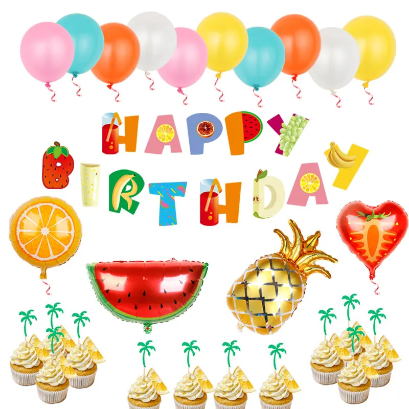 

Fruit Party Foil Balloon Happy Birthday Banner Tropical Beach Theme Party Adult Children Birthday Party Baby Shower Decorations