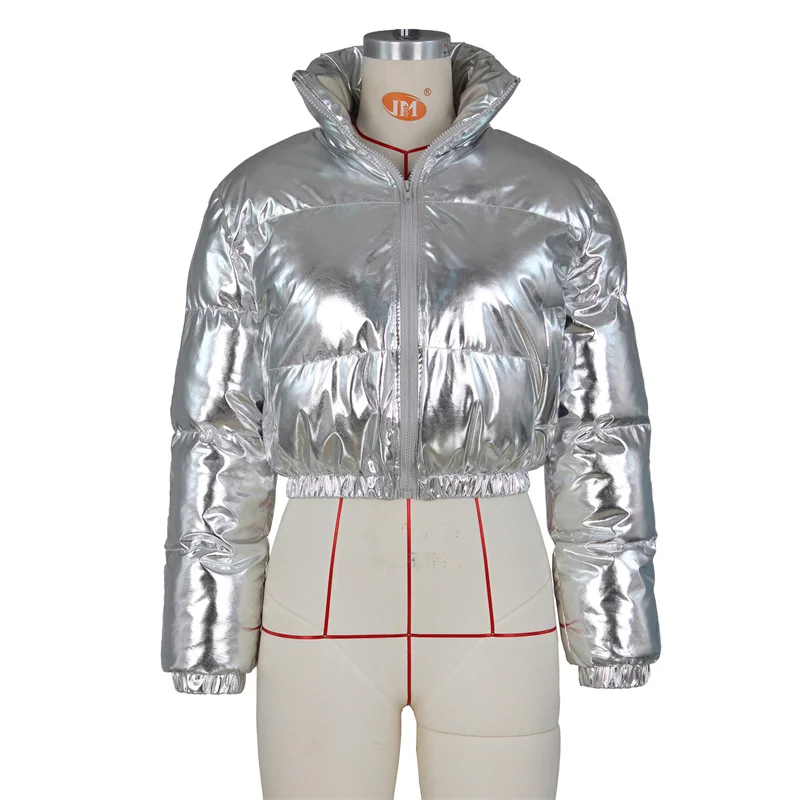 Sunny Gilding Cotton Padded Jackets 2022 Winter Women Stand Collar Long Sleeve Zipper Short Parkas Coats Cropped Tops