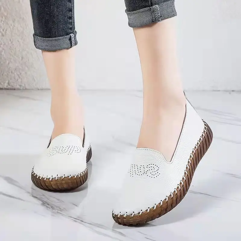 

Promotion 2022 New Summer Autumn Women Flats Breathable Genuine Leather Hole Hole Shoes Sandals Non-slip Soft Comfort Flat Shoes